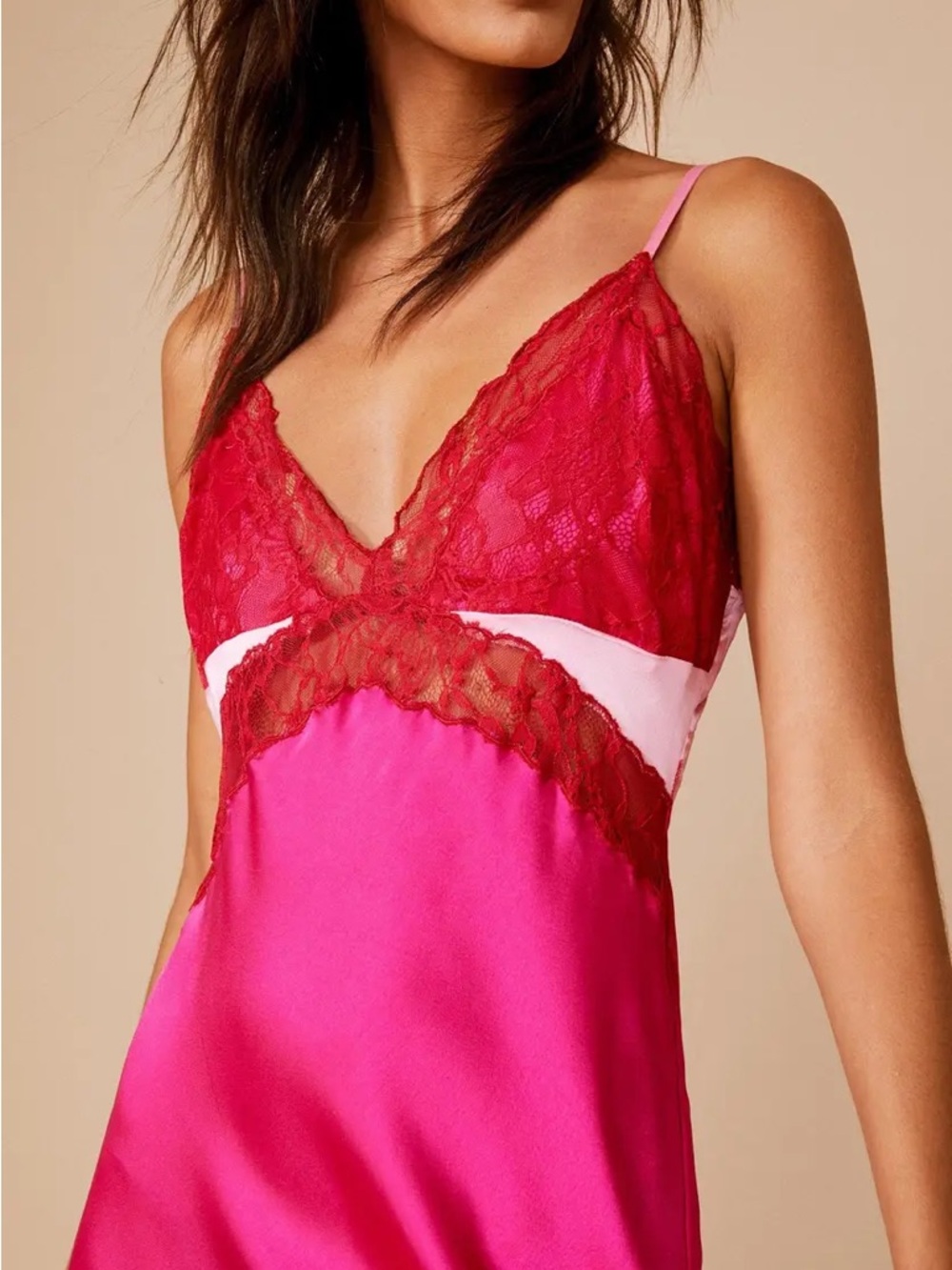 Contrast Lace Satin Maxi Dress in Pink